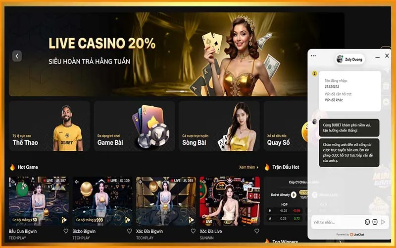 Hộp thoại Live Chat để liên hệ BUBET nhanh 24/7