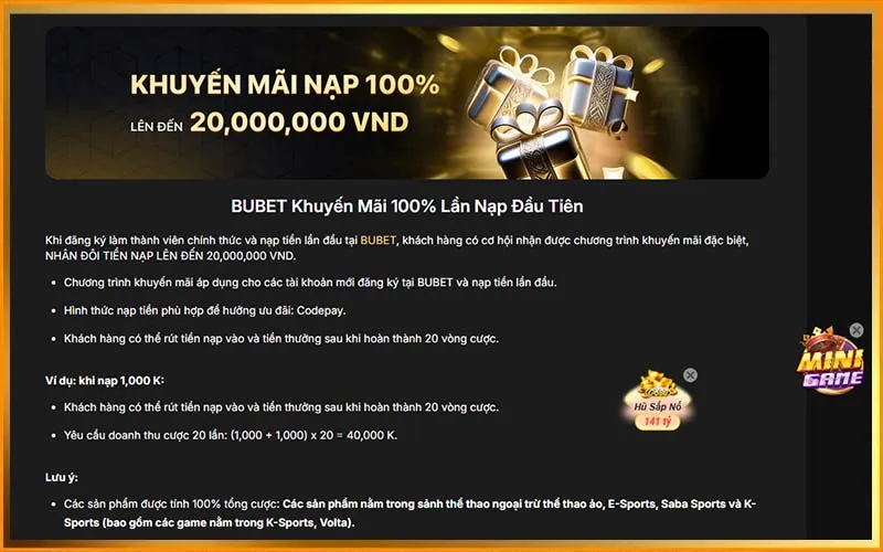 Chương trình khuyến mãi nạp đầu tại BUBET giúp nhân đôi vốn chơiAlt: Ưu đãi 100% nạp đầu dành riêng cho thành viên mới của BUBET
