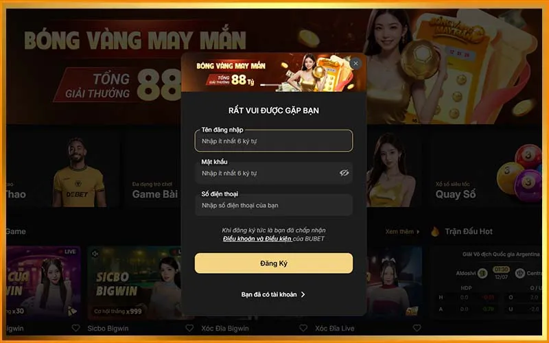 Giao diện đăng ký cho người mới tham gia BUBETAlt: Trang đăng ký cho người mới tại BUBET